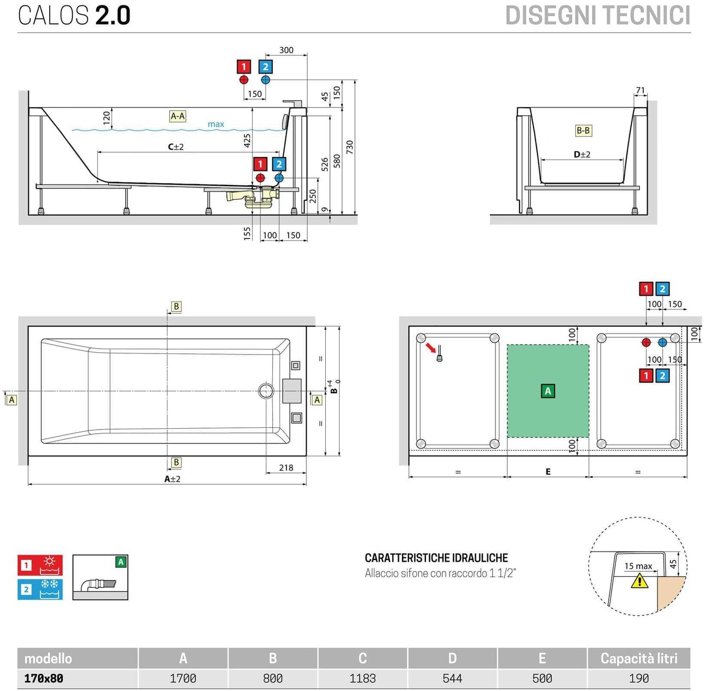 Novellini Calos 2.0 Vasca da Bagno Versione Standard con Telaio Misura 170x80 Altezza 58 cm Installazione Reversibile Forma Rettangolare 1 Pannello Frontale 2 Laterali Materiale Acrilico Colore Bianco Lucido Colonna di Scarico Con Rubinetteria Poggiatesta