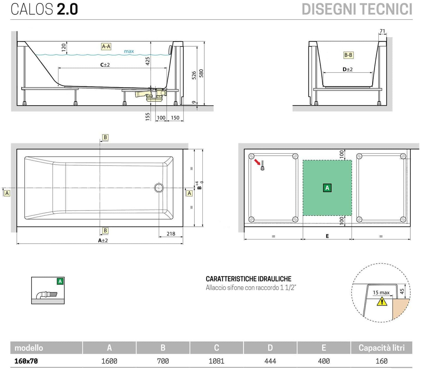 Novellini Calos 2.0 Vasca da Bagno Versione Standard con Telaio Misura 160x70 Altezza 58 cm Installazione Reversibile Design Squadrato Forma Rettangolare 1 Pannello Frontale 2 Laterali Materiale Acrilico Colore Bianco Lucido Colonna di Scarico Poggiatesta