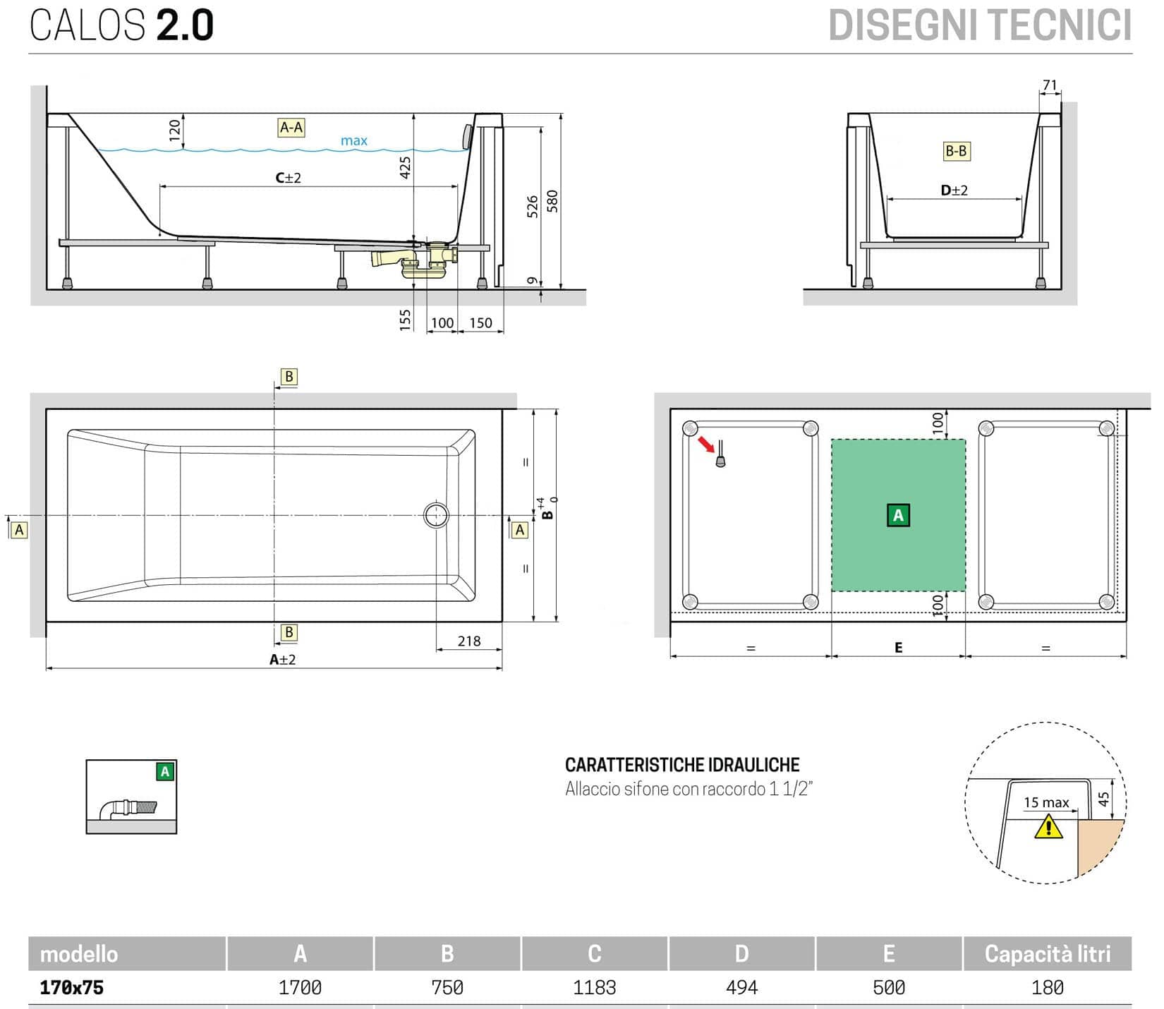 Novellini Calos 2.0 Vasca da Bagno Versione Standard con Telaio Misura 170x75 Altezza 58 cm Installazione Reversibile Design Squadrato Forma Rettangolare 1 Pannello Frontale 2 Laterali Materiale Acrilico Colore Bianco Lucido Colonna di Scarico Poggiatesta