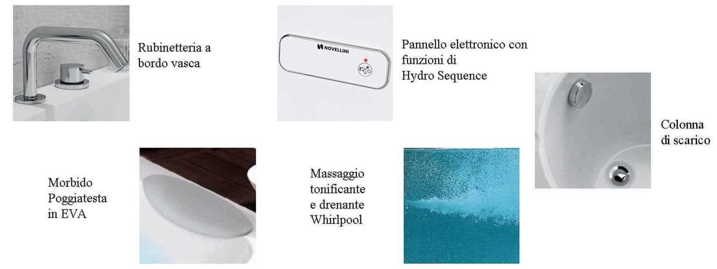 Novellini Calypso Vasca da Bagno Versione Hydro Misura 150x70 H55 cm Idro Whirlpool 6 Getti Installazione Sinistra Forma Esterna Rettangolare Interna ad Otto 1 Pannello Frontale 1 Laterale Materiale Acrilico Colore Bianco Lucido Colonna Rubinetto Cuscino