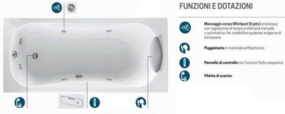 Novellini Calypso Vasca da Bagno Versione Hydro Misura 150x70 H55 cm Idro Whirlpool 6 Getti Installazione Destra Forma Esterna Rettangolare Interna ad Otto 1 Pannello Frontale 1 Laterale Materiale Acrilico Colore Bianco Lucido Colonna Poggiatesta