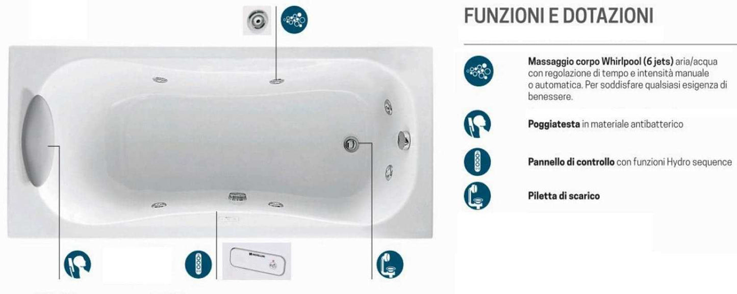 Novellini Calypso Vasca da Bagno Versione Hydro Misura 150x70 H55 cm Idro Whirlpool 6 Getti Installazione Sinistra Forma Esterna Rettangolare Interna ad Otto 1 Pannello Frontale 1 Laterale Materiale Acrilico Colore Bianco Lucido Colonna Poggiatesta