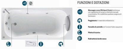 Novellini Calypso Vasca da Bagno Versione Hydro Misura 150x70 H55 cm Idro Whirlpool 6 Getti Installazione Destra Forma Esterna Rettangolare Interna ad Otto 1 Pannello Frontale 1 Laterale Materiale Acrilico Colore Bianco Lucido Colonna Rubinetto Cuscino