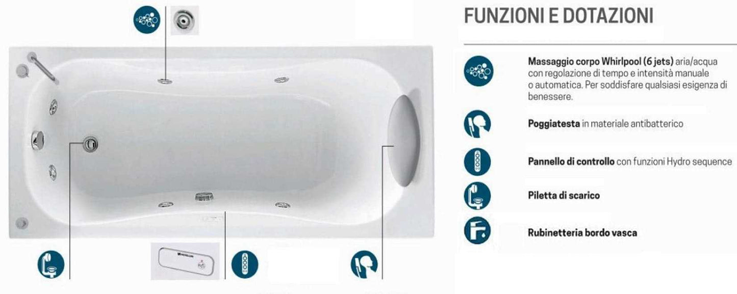 Novellini Calypso Vasca da Bagno Versione Hydro Misura 150x70 H55 cm Idro Whirlpool 6 Getti Installazione Destra Forma Esterna Rettangolare Interna ad Otto 1 Pannello Frontale 2 Laterali Materiale Acrilico Colore Bianco Lucido Colonna Rubinetto Cuscino