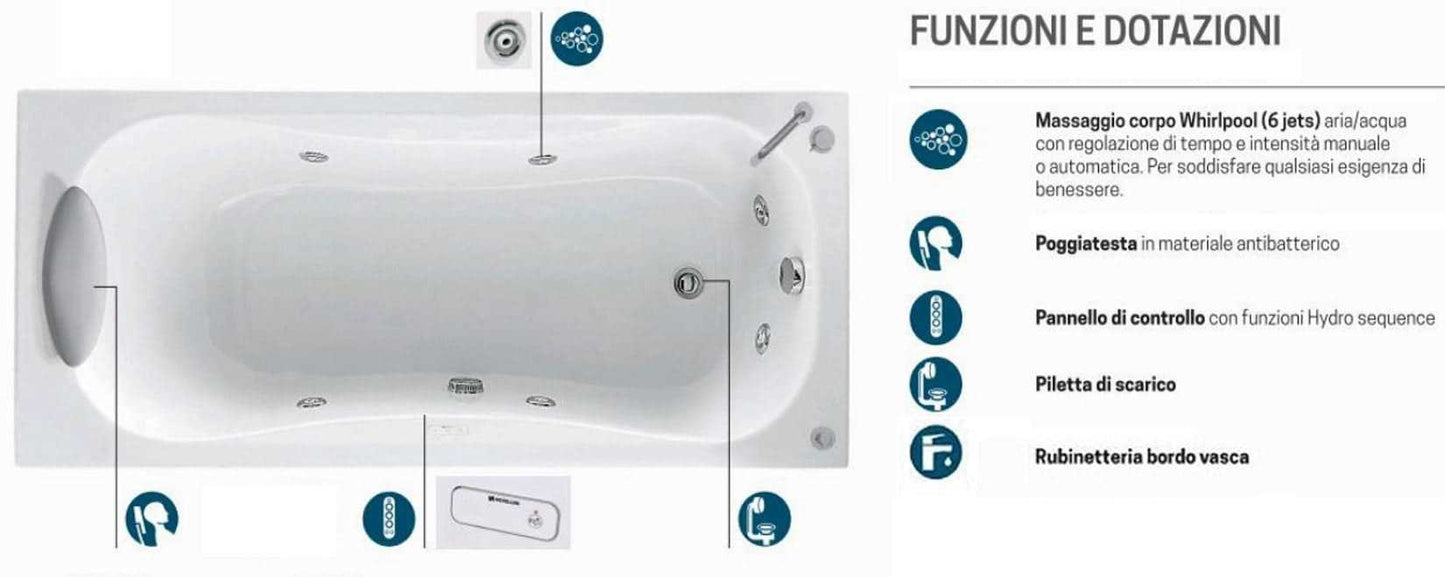 Novellini Calypso Vasca da Bagno Versione Hydro Misura 150x70 H55 cm Idro Whirlpool 6 Getti Installazione Sinistra Forma Esterna Rettangolare Interna ad Otto 1 Pannello Frontale 1 Laterale Materiale Acrilico Colore Bianco Lucido Colonna Rubinetto Cuscino