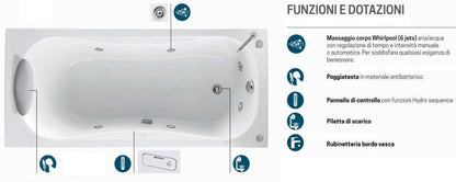 Novellini Calypso Vasca da Bagno Versione Hydro Misura 150x70 H55 cm Idro Whirlpool 6 Getti Installazione Sinistra Forma Esterna Rettangolare Interna ad Otto 1 Pannello Frontale 1 Laterale Materiale Acrilico Colore Bianco Lucido Colonna Rubinetto Cuscino