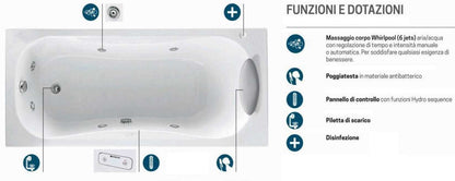 Novellini Calypso Vasca da Bagno Versione Hydro Con Disinfezione Misura 170x80 H55 cm Idro Whirlpool 6 Getti Installazione Destra Forma Esterna Rettangolare Interna ad Otto 3 Pannelli Materiale Acrilico Colore Bianco Lucido Colonna Poggiatesta