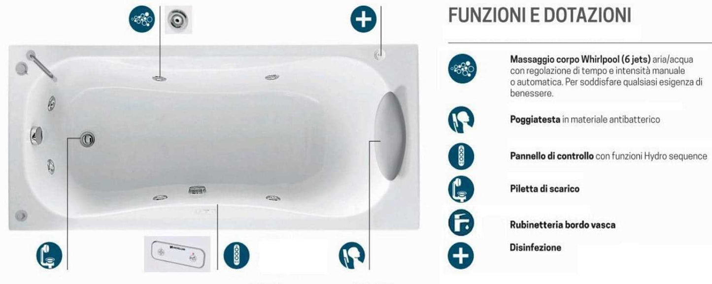 Novellini Calypso Vasca da Bagno Versione Hydro Con Disinfezione Misura 180x80 H55 cm Idro Whirlpool 6 Getti Installazione Destra Forma Esterna Rettangolare Interna ad Otto 3 Pannelli Materiale Acrilico Colore Bianco Lucido Colonna Rubinetto Cuscino