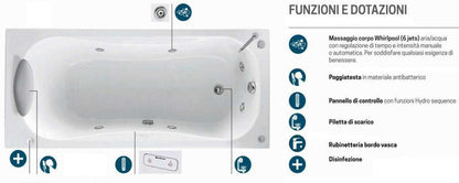 Novellini Calypso Vasca da Bagno Versione Hydro Con Disinfezione Misura 180x80 H55 cm Idro Whirlpool 6 Getti Installazione Sinistra Forma Esterna Rettangolare Interna ad Otto 2 Pannelli Materiale Acrilico Colore Bianco Lucido Colonna Rubinetto Cuscino