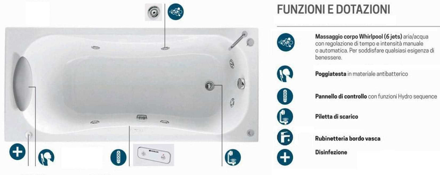 Novellini Calypso Vasca da Bagno Versione Hydro Con Disinfezione Misura 160x70 H55 cm Idro Whirlpool 6 Getti Installazione Sinistra Forma Esterna Rettangolare Interna ad Otto 3 Pannelli Materiale Acrilico Colore Bianco Lucido Colonna Rubinetto Cuscino