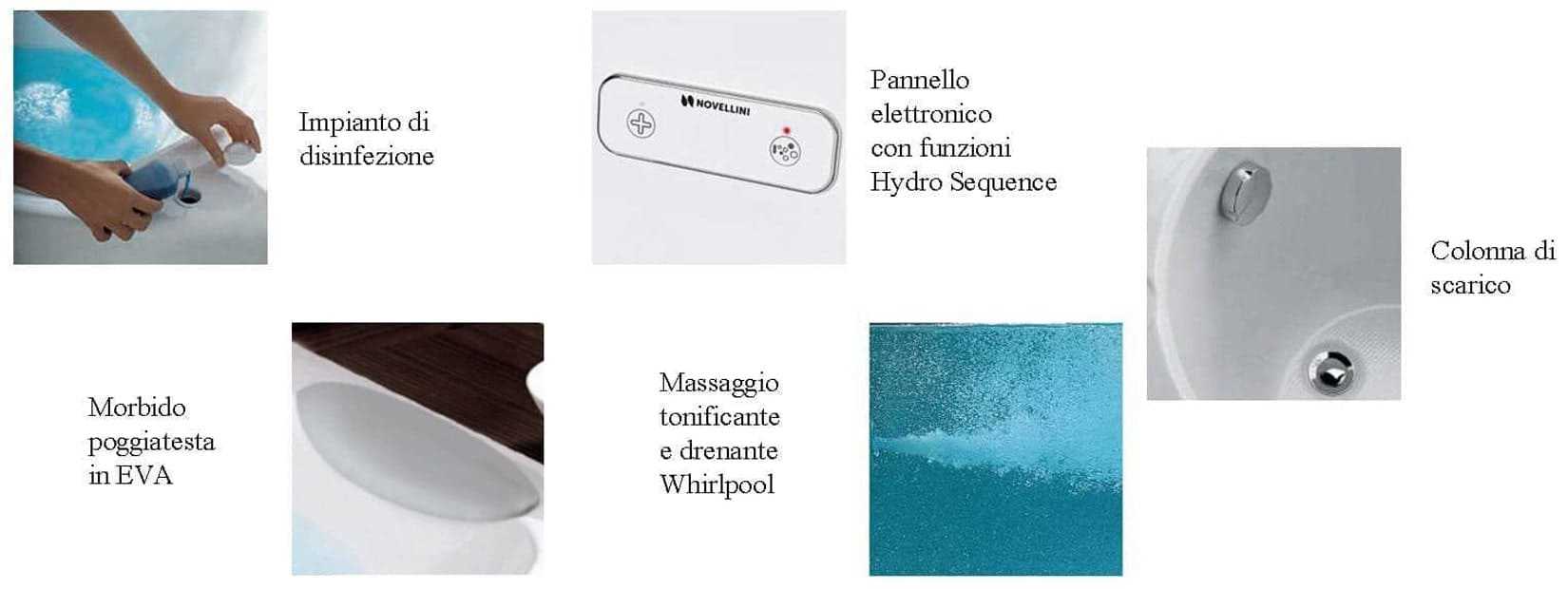 Novellini Calypso Vasca da Bagno Versione Hydro Con Disinfezione Misura 150x70 H55 cm Idro Whirlpool 6 Getti Installazione Sinistra Forma Esterna Rettangolare Interna ad Otto 2 Pannelli Materiale Acrilico Colore Bianco Lucido Colonna Poggiatesta