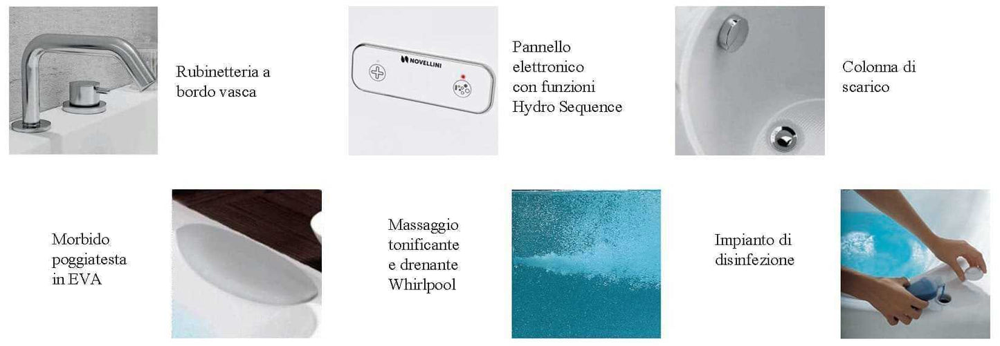Novellini Calypso Vasca da Bagno Versione Hydro Con Disinfezione Misura 170x75 H55 cm Idro Whirlpool 6 Getti Installazione Destra Forma Esterna Rettangolare Interna ad Otto 3 Pannelli Materiale Acrilico Colore Bianco Lucido Colonna Rubinetto Cuscino