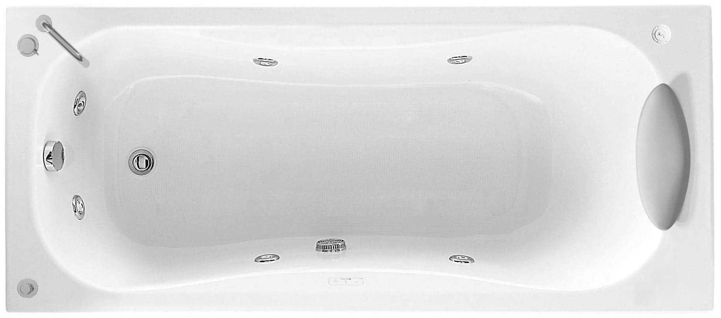 Novellini Calypso Vasca da Bagno Versione Hydro Con Disinfezione Misura 170x70 H55 cm Idro Whirlpool 6 Getti Installazione Destra Forma Esterna Rettangolare Interna ad Otto Senza Pannelli Materiale Acrilico Colore Bianco Lucido Colonna Rubinetto Cuscino