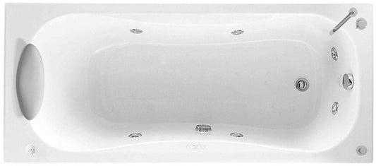 Novellini Calypso Vasca da Bagno Versione Hydro Con Disinfezione Misura 150x70 H55 cm Idro Whirlpool 6 Getti Installazione Sinistra Forma Esterna Rettangolare Interna ad Otto Senza Pannelli Materiale Acrilico Colore Bianco Lucido Colonna Rubinetto Cuscino