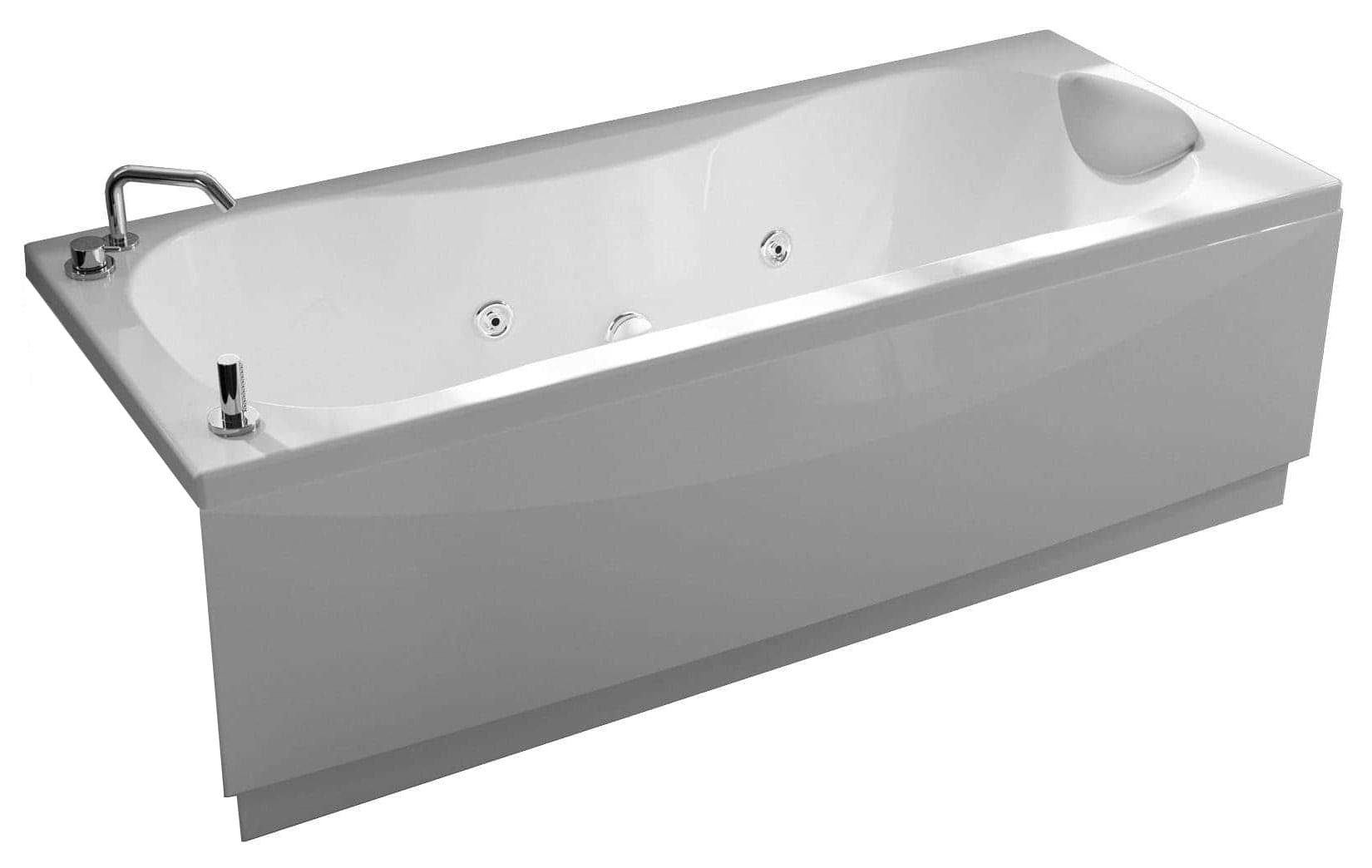 Novellini Calypso Vasca da Bagno Versione Hydro Con Disinfezione Misura 170x75 H55 cm Idro Whirlpool 6 Getti Installazione Destra Forma Esterna Rettangolare Interna ad Otto 1 Pannello Materiale Acrilico Colore Bianco Lucido Colonna Rubinetto Cuscino