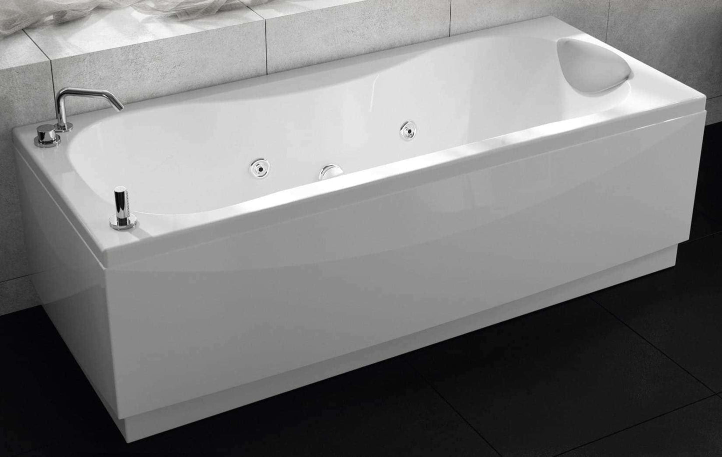 Novellini Calypso Vasca da Bagno Versione Hydro Con Disinfezione Misura 150x70 H55 cm Idro Whirlpool 6 Getti Installazione Destra Forma Esterna Rettangolare Interna ad Otto 3 Pannelli Materiale Acrilico Colore Bianco Lucido Colonna Rubinetto Cuscino