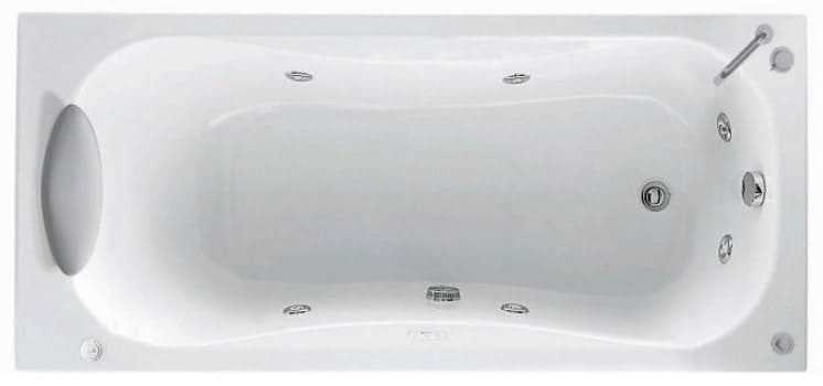 Novellini Calypso Vasca da Bagno Versione Hydro Con Disinfezione Misura 170x75 H55 cm Idro Whirlpool 6 Getti Installazione Sinistra Forma Esterna Rettangolare Interna ad Otto 1 Pannello Materiale Acrilico Colore Bianco Lucido Colonna Rubinetto Cuscino