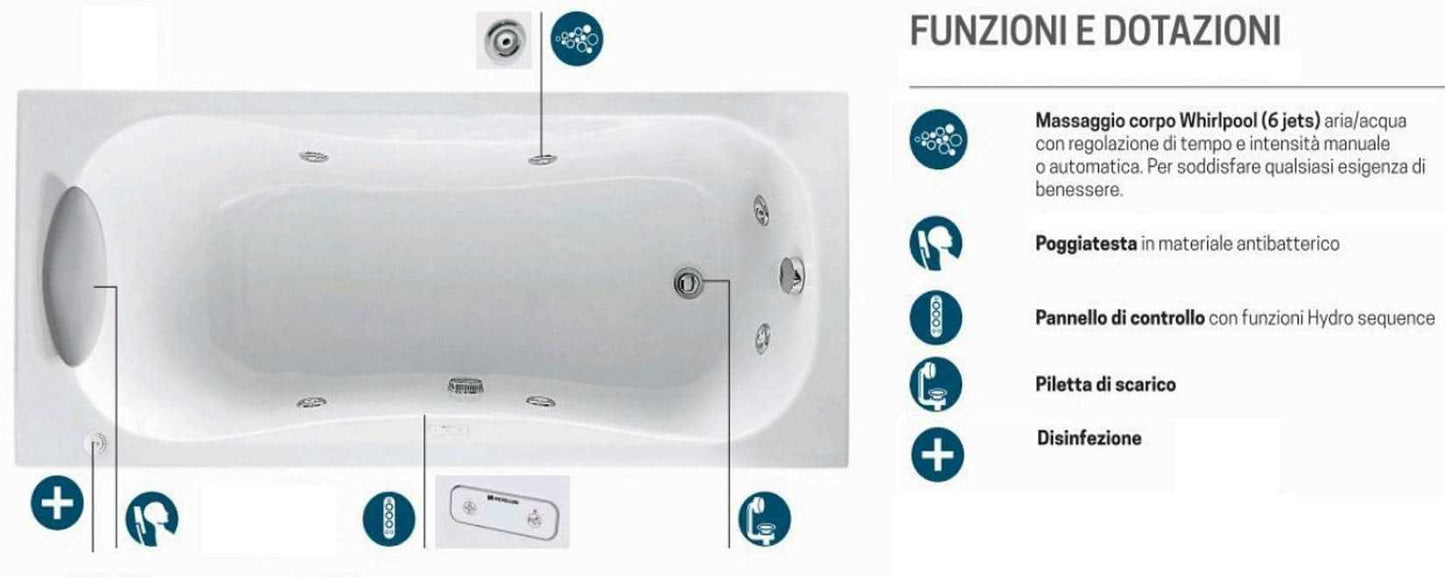 Novellini Calypso Vasca da Bagno Versione Hydro Con Disinfezione Misura 170x80 H55 cm Idro Whirlpool 6 Getti Installazione Sinistra Forma Esterna Rettangolare Interna ad Otto 3 Pannelli Materiale Acrilico Colore Bianco Lucido Colonna Poggiatesta