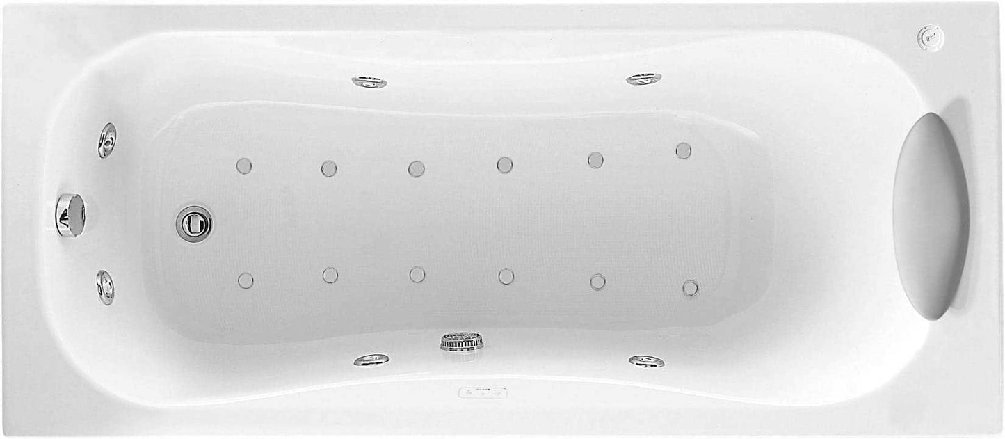Novellini Calypso Vasca Bagno Versione Hydro Plus Misura 150x70 H55 cm Idromassaggio Whirlpool 6 Getti Disinfezione Airpool 12 Jets Installazione Destra Forma Esterna Rettangolare Interna ad Otto Senza Pannelli Colore Bianco Lucido Colonna Poggiatesta