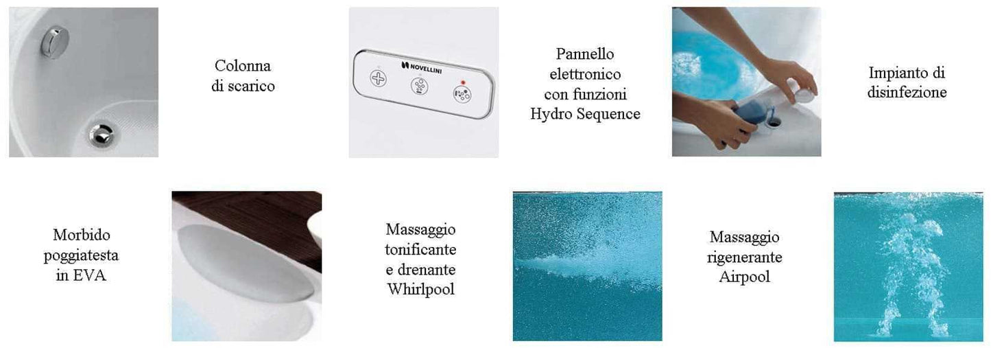 Novellini Calypso Vasca Bagno Versione Hydro Plus Misura 170x75 H55 cm Idromassaggio Whirlpool 6 Getti Disinfezione Airpool 12 Jets Installazione Destra Forma Esterna Rettangolare Interna ad Otto 1 Pannello Colore Bianco Lucido Colonna Poggiatesta