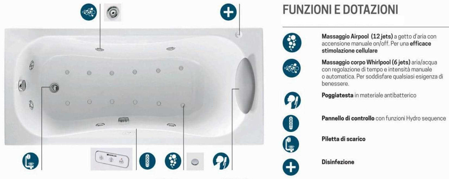 Novellini Calypso Vasca Bagno Versione Hydro Plus Misura 180x80 H55 cm Idromassaggio Whirlpool 6 Getti Disinfezione Airpool 12 Jets Installazione Destra Forma Esterna Rettangolare Interna ad Otto 3 Pannelli Colore Bianco Lucido Colonna Poggiatesta
