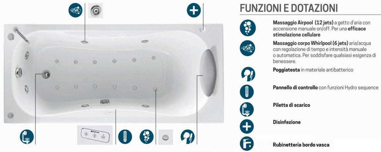 Novellini Calypso Vasca Bagno Versione Hydro Plus Misura 170x70 H55 cm Idro Whirlpool 6 Getti Disinfezione Airpool 12 Jets Installazione Destra Forma Esterna Rettangolare Interna ad Otto Senza Pannelli Colore Bianco Lucido Colonna Rubinetto Cuscino