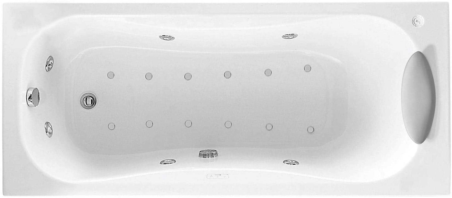 Novellini Calypso Vasca Bagno Versione Hydro Plus Misura 160x70 H55 cm Idromassaggio Whirlpool 6 Getti Disinfezione Airpool 12 Jets Installazione Destra Forma Esterna Rettangolare Interna ad Otto 2 Pannelli Colore Bianco Lucido Colonna Poggiatesta