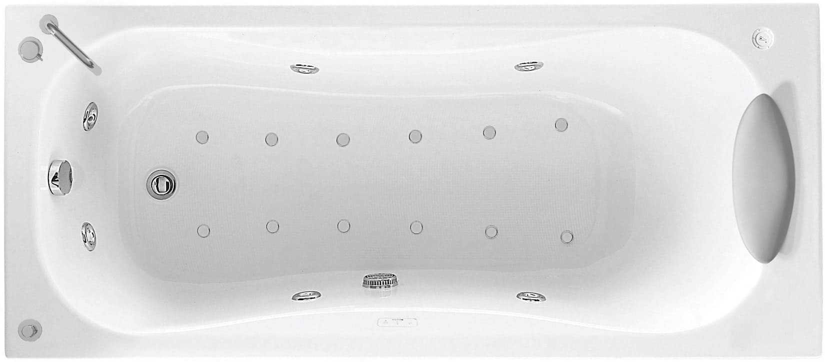Novellini Calypso Vasca Bagno Versione Hydro Plus Misura 150x70 H55 cm Idromassaggio Whirlpool 6 Getti Disinfezione Airpool 12 Jets Installazione Destra Forma Esterna Rettangolare Interna ad Otto 2 Pannelli Colore Bianco Lucido Colonna Rubinetto Cuscino