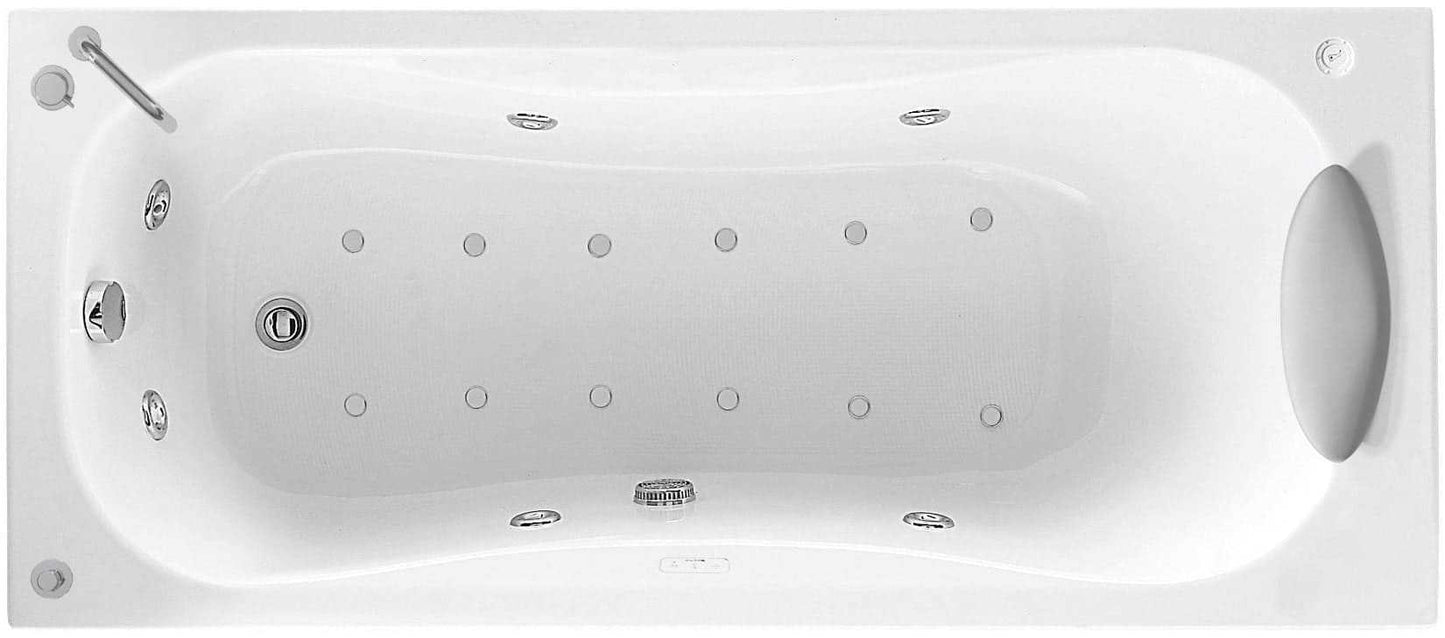 Novellini Calypso Vasca Bagno Versione Hydro Plus Misura 170x75 H55 cm Idro Whirlpool 6 Getti Disinfezione Airpool 12 Jets Installazione Destra Forma Esterna Rettangolare Interna ad Otto Senza Pannelli Colore Bianco Lucido Colonna Rubinetto Cuscino