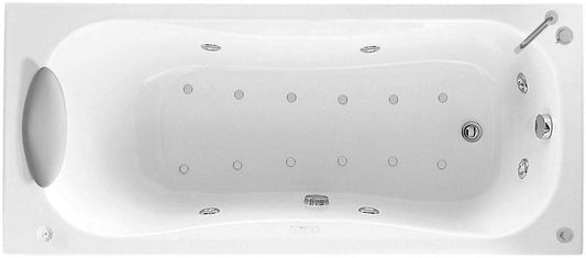 Novellini Calypso Vasca Bagno Versione Hydro Plus Misura 170x70 H55 cm Idro Whirlpool 6 Getti Disinfezione Airpool 12 Jets Installazione Sinistra Forma Esterna Rettangolare Interna ad Otto Senza Pannelli Colore Bianco Lucido Colonna Rubinetto Cuscino