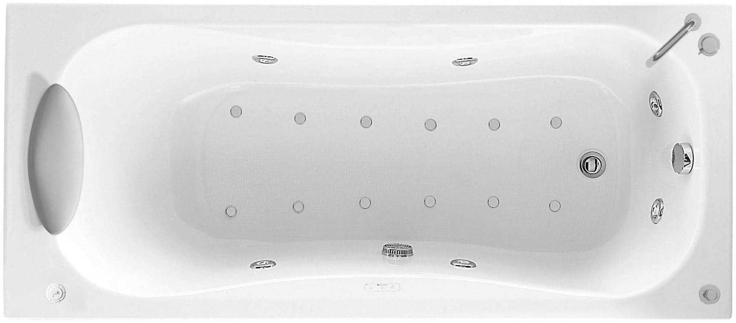 Novellini Calypso Vasca Bagno Versione Hydro Plus Misura 170x80 H55 cm Idro Whirlpool 6 Getti Disinfezione Airpool 12 Jets Installazione Sinistra Forma Esterna Rettangolare Interna ad Otto Senza Pannelli Colore Bianco Lucido Colonna Rubinetto Cuscino