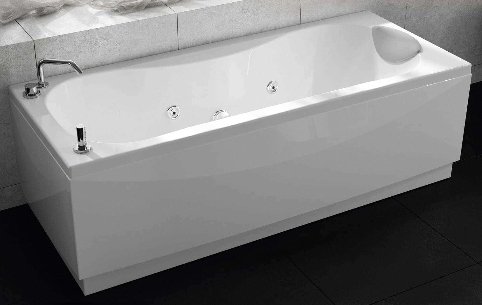Novellini Calypso Vasca Bagno Versione Hydro Plus Misura 180x80 H55 cm Idromassaggio Whirlpool 6 Getti Disinfezione Airpool 12 Jets Installazione Destra Forma Esterna Rettangolare Interna ad Otto 3 Pannelli Colore Bianco Lucido Colonna Rubinetto Cuscino