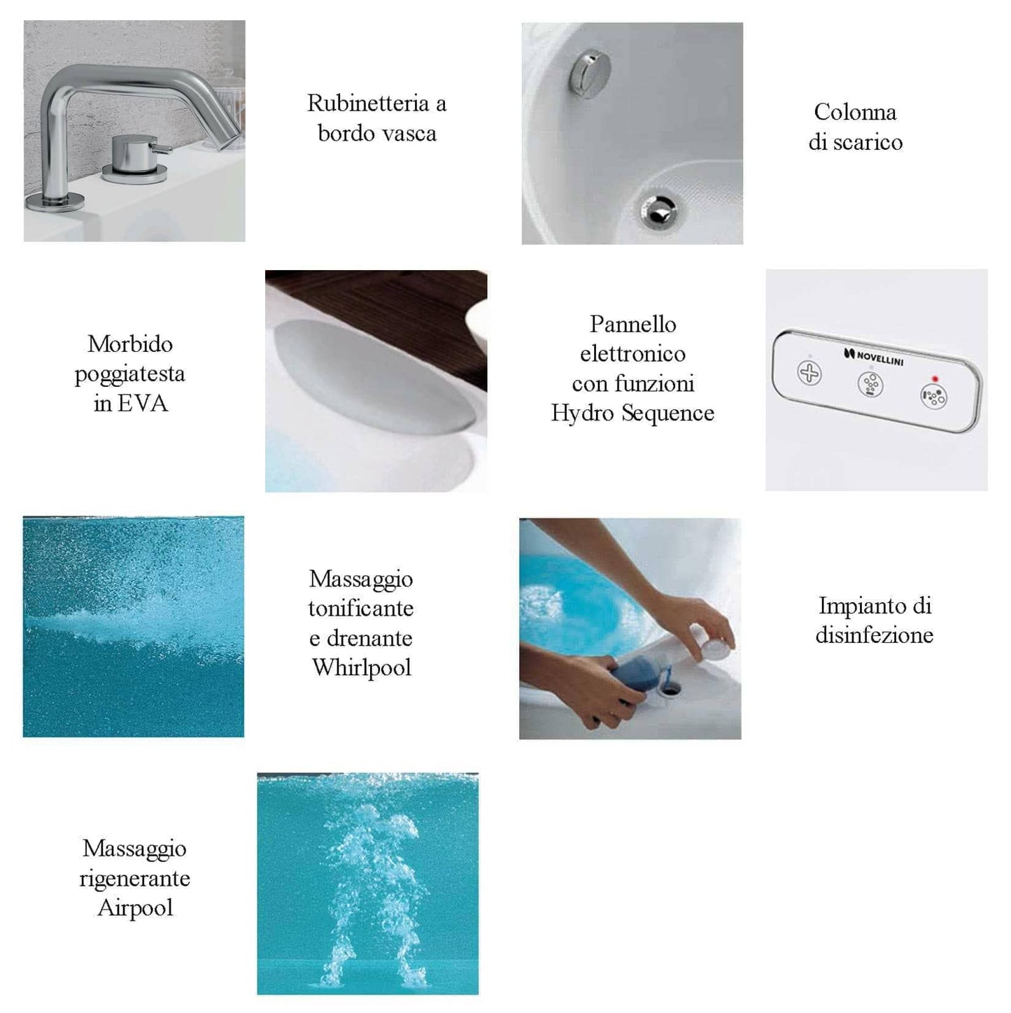 Novellini Calypso Vasca Bagno Versione Hydro Plus Misura 180x80 H55 cm Idromassaggio Whirlpool 6 Getti Disinfezione Airpool 12 Jets Installazione Destra Forma Esterna Rettangolare Interna ad Otto 1 Pannello Colore Bianco Lucido Colonna Rubinetto Cuscino