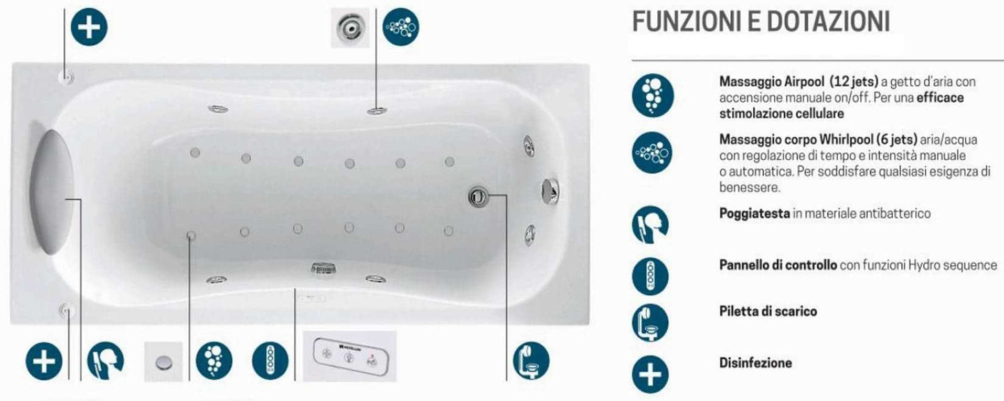 Novellini Calypso Vasca Bagno Versione Hydro Plus Misura 170x80 H55 cm Idromassaggio Whirlpool 6 Getti Disinfezione Airpool 12 Jets Installazione Sinistra Forma Esterna Rettangolare Interna ad Otto 1 Pannello Colore Bianco Lucido Colonna Poggiatesta