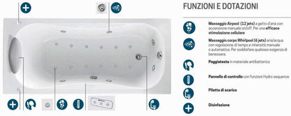 Novellini Calypso Vasca Bagno Versione Hydro Plus Misura 180x80 H55 cm Idromassaggio Whirlpool 6 Getti Disinfezione Airpool 12 Jets Installazione Sinistra Forma Esterna Rettangolare Interna ad Otto 2 Pannelli Colore Bianco Lucido Colonna Poggiatesta