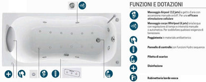 Novellini Calypso Vasca Bagno Versione Hydro Plus Misura 180x80 H55 cm Idromassaggio Whirlpool 6 Getti Disinfezione Airpool 12 Jets Installazione Sinistra Forma Esterna Rettangolare Interna ad Otto 3 Pannelli Colore Bianco Lucido Colonna Rubinetto Cuscino