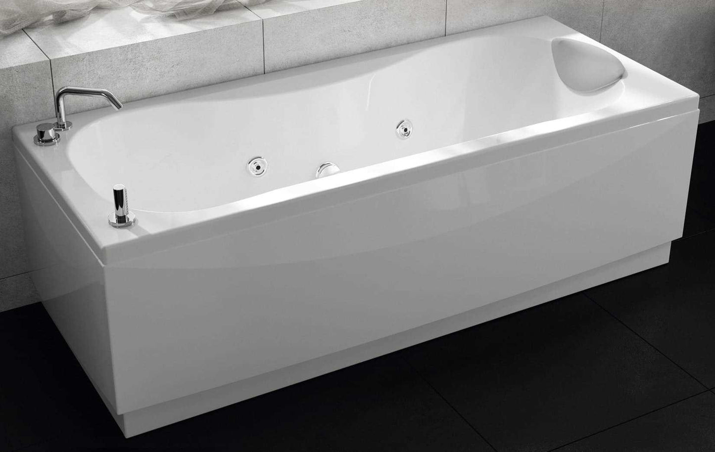 Novellini Calypso Vasca da Bagno Versione Hydro Misura 150x70 H55 cm Idro Whirlpool 6 Getti Installazione Destra Forma Esterna Rettangolare Interna ad Otto 1 Pannello Frontale 2 Laterali Materiale Acrilico Colore Bianco Lucido Colonna Rubinetto Cuscino