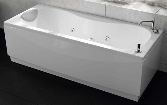 Novellini Calypso Vasca da Bagno Versione Hydro Misura 170x70 H55 cm Idro Whirlpool 6 Getti Installazione Sinistra Forma Esterna Rettangolare Interna ad Otto 1 Pannello Frontale 2 Laterali Materiale Acrilico Colore Bianco Lucido Colonna Rubinetto Cuscino