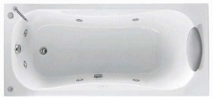 Novellini Calypso Vasca da Bagno Versione Hydro Misura 150x70 H55 cm Idro Whirlpool 6 Getti Installazione Destra Forma Esterna Rettangolare Interna ad Otto 1 Pannello Frontale 1 Laterale Materiale Acrilico Colore Bianco Lucido Colonna Rubinetto Cuscino