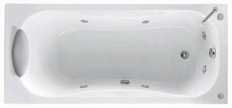 Novellini Calypso Vasca da Bagno Versione Hydro Misura 150x70 H55 cm Idro Whirlpool 6 Getti Installazione Sinistra Forma Esterna Rettangolare Interna ad Otto 1 Pannello Frontale 1 Laterale Materiale Acrilico Colore Bianco Lucido Colonna Rubinetto Cuscino