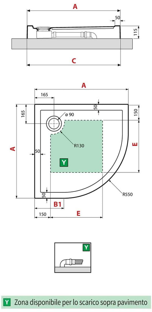 Novellini Victory Piatto Doccia Alto Dimensione 80x80 Altezza Spessore 11,5 cm Colore Terra Corda Forma Semicircolare Installazione Appoggio Pavimento Superficie Liscia Materiale Acrilico Escluso di Piletta di Scarico Copripiletta Piedini