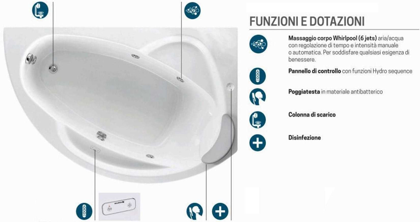 Novellini Vogue Vasca da Bagno Versione Hydro Con Disinfezione Misura 150x85 H55 cm Idro Whirlpool 5 Jets Forma Esterna Semicircolare Asimmetrica Interna Ovale Installazione Angolare Destra Pannello Colonna Cuscino Materiale Acrilico Finitura Bianco