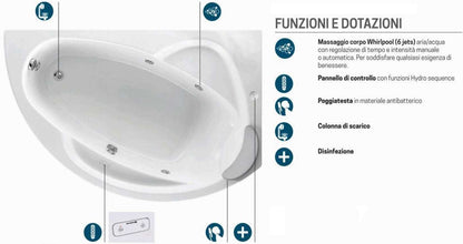 Novellini Vogue Vasca da Bagno Versione Hydro Con Disinfezione Misura 150x85 H55 cm Idro Whirlpool 5 Jets Forma Esterna Semicircolare Asimmetrica Interna Ovale Installazione Angolare Destra Pannello Colonna Cuscino Materiale Acrilico Finitura Bianco