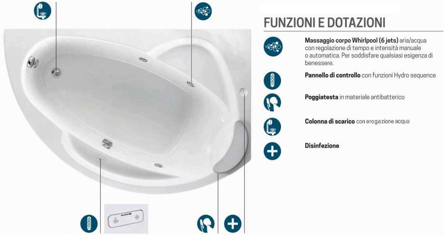 Novellini Vogue Vasca da Bagno Versione Hydro Con Disinfezione Misura 150x85 H55 cm Idro Whirlpool 5 Jets Forma Esterna Semicircolare Asimmetrica Interna Ovale Installazione Angolare Destra Pannello Erogatore Cuscino Materiale Acrilico Finitura Bianco