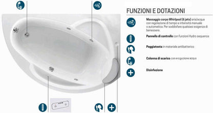 Novellini Vogue Vasca da Bagno Versione Hydro Con Disinfezione Misura 150x85 H55 cm Idro Whirlpool 5 Jets Forma Esterna Semicircolare Asimmetrica Interna Ovale Installazione Angolare Destra Pannello Erogatore Cuscino Materiale Acrilico Finitura Bianco