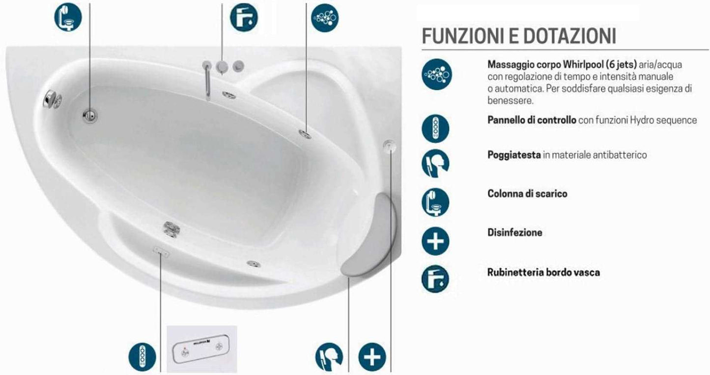 Novellini Vogue Vasca da Bagno Versione Hydro Con Disinfezione Misura 150x85 H55 cm Idro Whirlpool 5 Jets Forma Esterna Semicircolare Asimmetrica Interna Ovale Installazione Angolo Destra Pannello Rubinetteria Cuscino Materiale Acrilico Colore Bianco