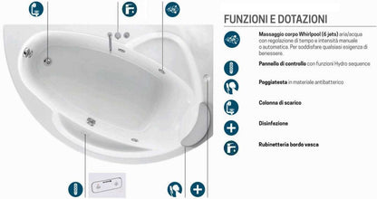 Novellini Vogue Vasca da Bagno Versione Hydro Con Disinfezione Misura 150x85 H55 cm Idro Whirlpool 5 Jets Forma Esterna Semicircolare Asimmetrica Interna Ovale Installazione Angolo Destra Pannello Rubinetteria Cuscino Materiale Acrilico Colore Bianco