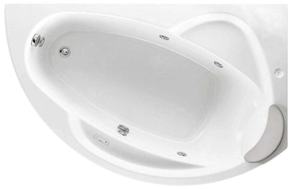 Novellini Vogue Vasca da Bagno Versione Hydro Con Disinfezione Misura 150x85 H55 cm Idro Whirlpool 5 Jets Forma Esterna Semicircolare Asimmetrica Interna Ovale Installazione Angolare Destra Pannello Erogatore Cuscino Materiale Acrilico Finitura Bianco