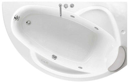 Novellini Vogue Vasca da Bagno Versione Hydro Con Disinfezione Misura 150x85 H55 cm Idro Whirlpool 5 Jets Forma Esterna Semicircolare Asimmetrica Interna Ovale Installazione Angolo Destra Pannello Rubinetteria Cuscino Materiale Acrilico Colore Bianco
