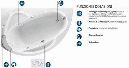 Novellini Vogue Vasca da Bagno Versione Hydro Con Disinfezione Misura 150x85 H55 cm Idro Whirlpool 5 Jets Forma Esterna Semicircolare Asimmetrica Interna Ovale Installazione Angolare Sinistra Pannello Colonna Cuscino Materiale Acrilico Finitura Bianco